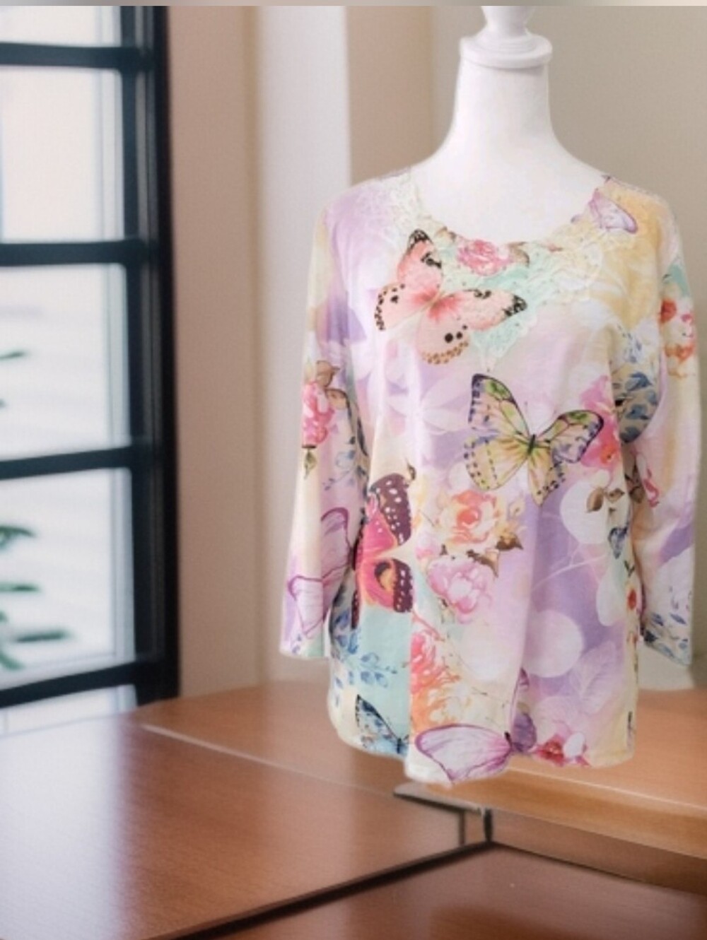 Alfred Dunner Pastel Butterfly  Long Sleeve Top - Pink, Lavender, Mint Lace Trim